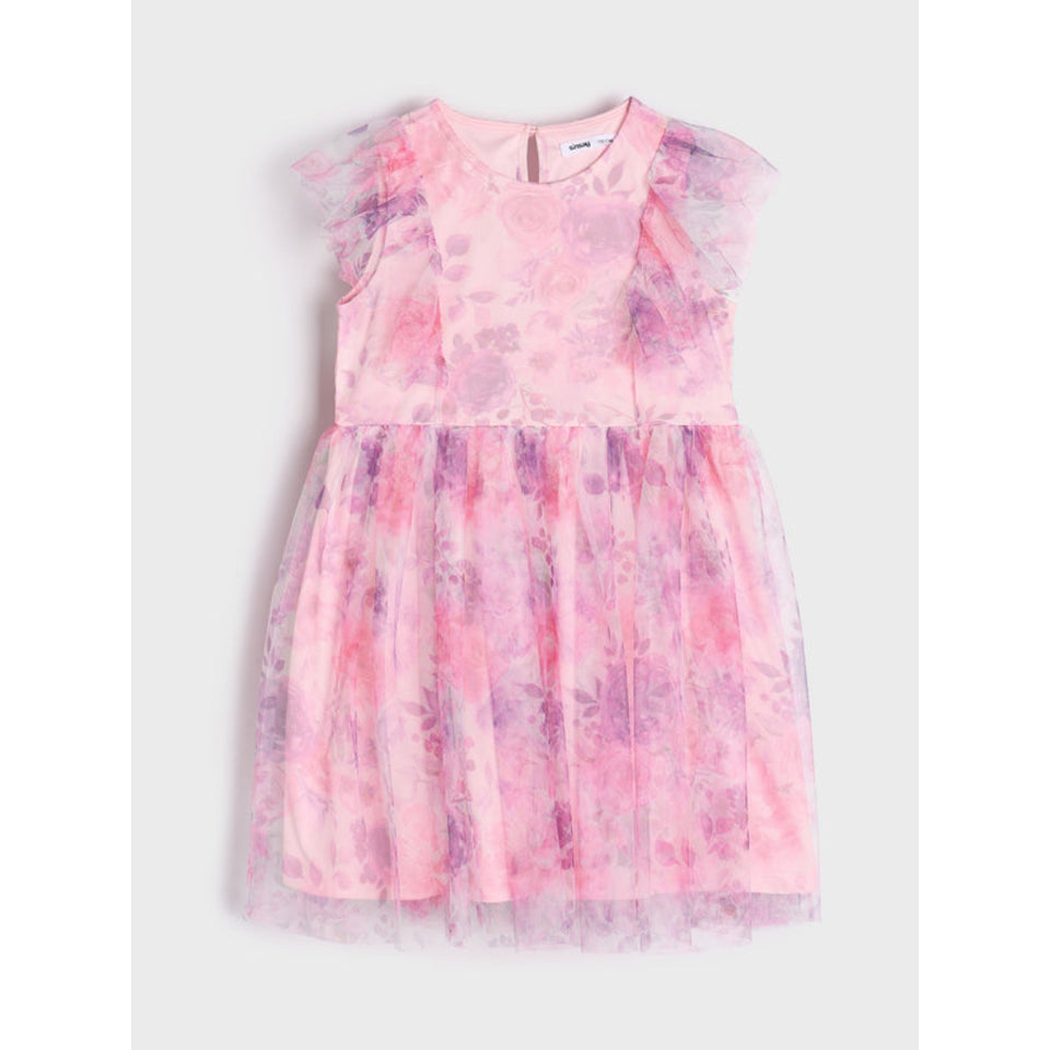A pink and purple floral print tulle dress for toddlers, featuring ruffled cap sleeves, a gathered bodice, and a tiered tulle skirt, shown against a light gray background.