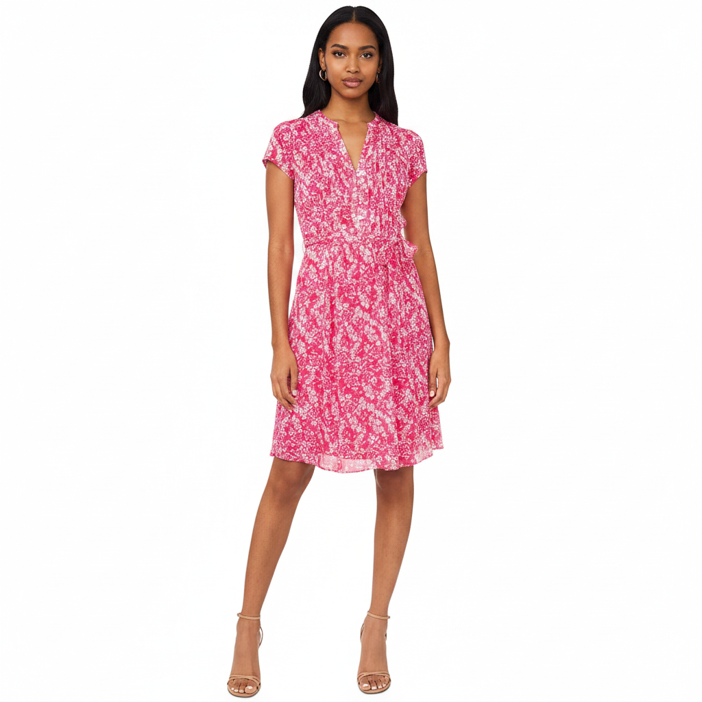 MSK Women's Fuchsia & White Floral Split-Neck Pintuck-Front Belted Dress