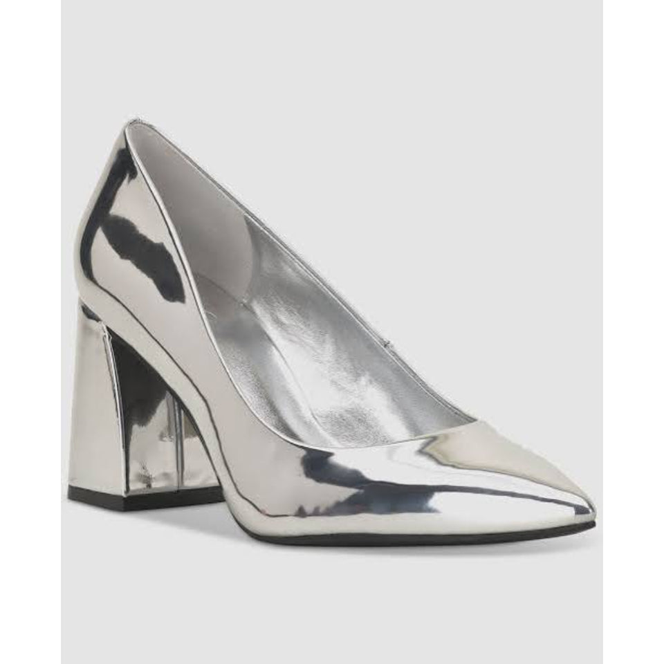 A metallic silver pump shoe with a pointed toe and a chunky block heel, shown from a side profile on a light gray background.