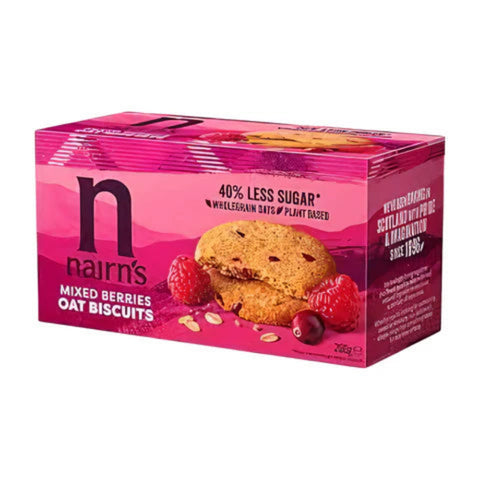 Pink box of Nairn's Mixed Berries Oat Biscuits on a white background