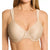 A woman wearing a beige ribbed wireless bra with wide shoulder straps, shown from the neck to the lower torso against a plain white background.