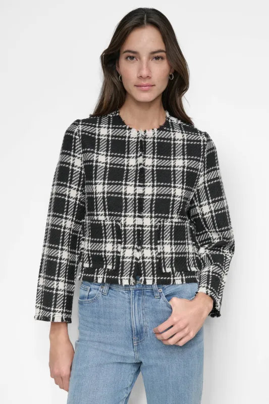DKNY Jeans Women's Black & White Frayed Cropped Long-Sleeve Blazer | DKNY Jeans In Lebanon