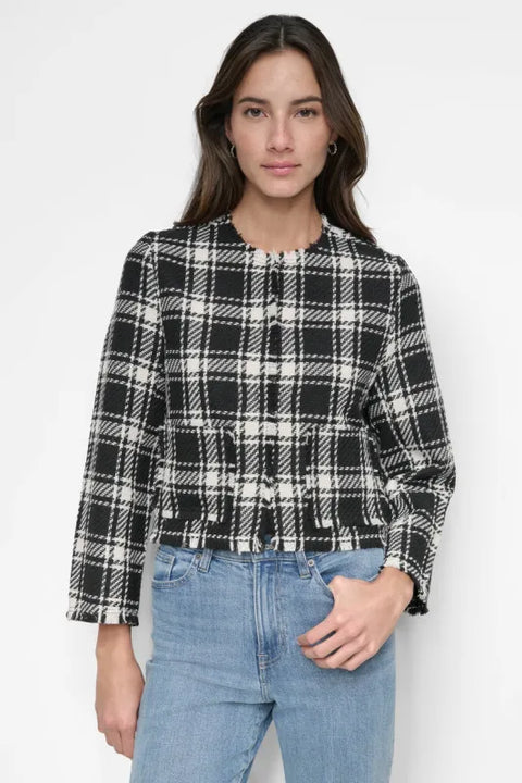 DKNY Jeans Women's Black & White Frayed Cropped Long-Sleeve Blazer | DKNY Jeans In Lebanon