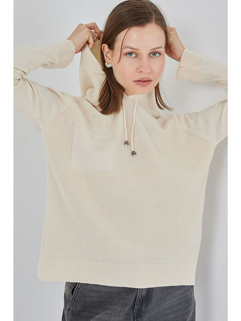 Big Dart Women's Beige Hooded Knit Sweater | Big Dart In Lebanon