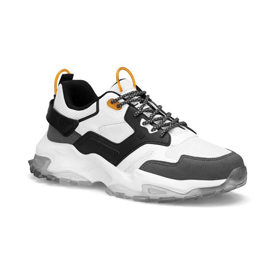 A white, black, and gray chunky sneaker with orange pull tabs on a clean white background.