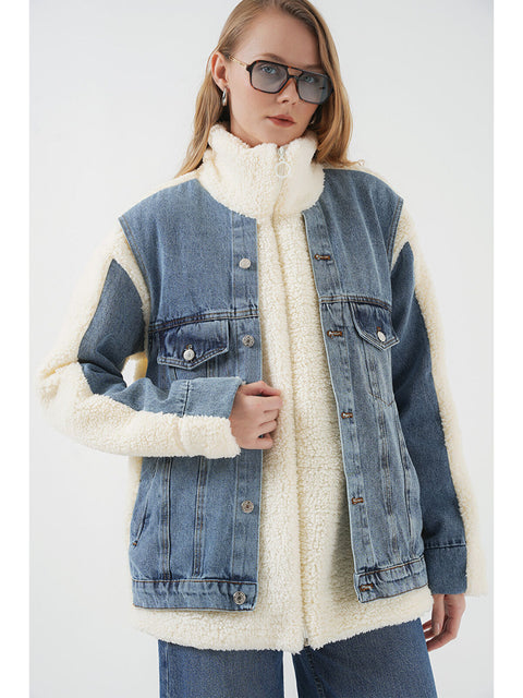 Big Dart Women's Blue & Off White Long Plush & Denim Jacket | Big Dart In Lebanon
