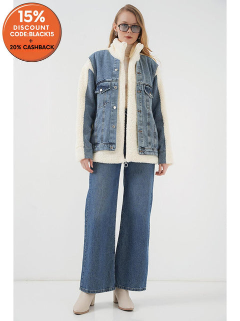 Big Dart Women's Blue & Off White Long Plush & Denim Jacket | Big Dart In Lebanon
