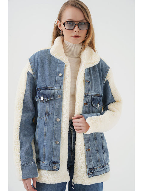 Big Dart Women's Blue & Off White Long Plush & Denim Jacket | Big Dart In Lebanon
