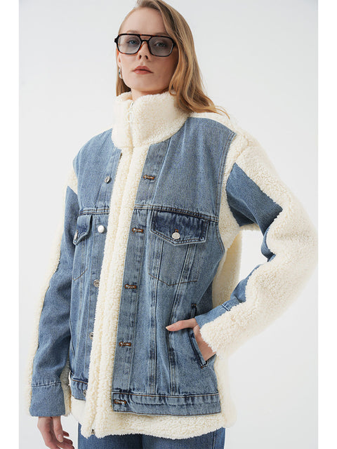 Big Dart Women's Blue & Off White Long Plush & Denim Jacket | Big Dart In Lebanon