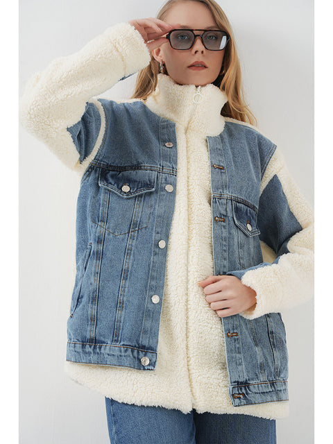 Big Dart Women's Blue & Off White Long Plush & Denim Jacket | Big Dart In Lebanon