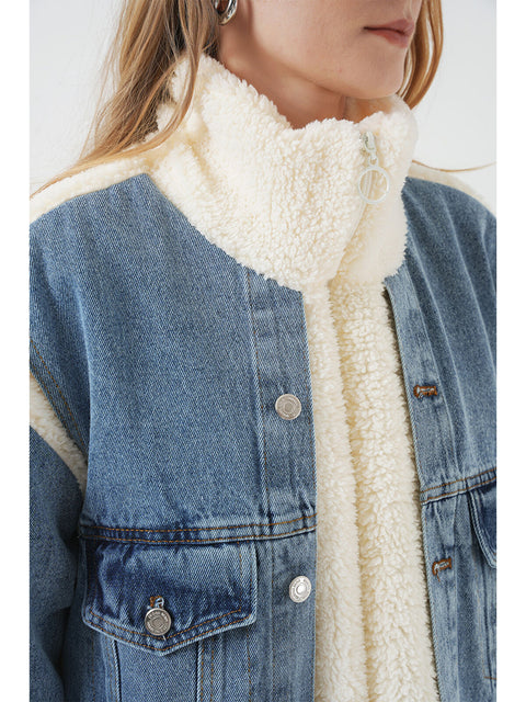 Big Dart Women's Blue & Off White Long Plush & Denim Jacket | Big Dart In Lebanon