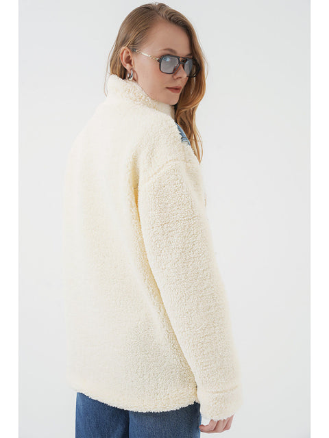 Big Dart Women's Blue & Off White Long Plush & Denim Jacket | Big Dart In Lebanon