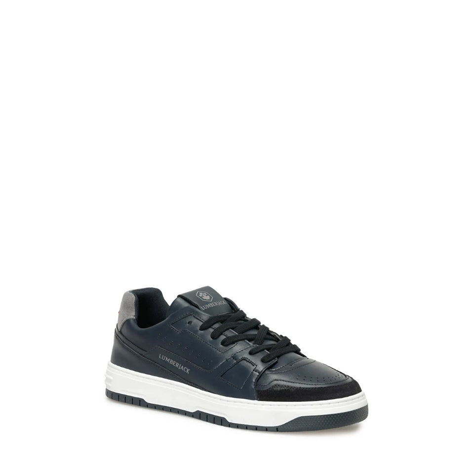 A dark navy blue leather low-top sneaker with black laces, a white midsole, and a black outsole, shown from a three-quarters angle on a plain white background.