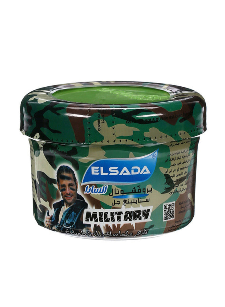 A container of Elsada Professional Styling Gel Military with a camouflage pattern and a label featuring a portrait of a man. The product is for hair care and styling.
