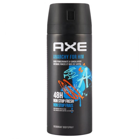 Axe Anarchy Dark Pomegranate & Sandalwood Deodorant Bodyspray For Men, 150ml, in a black aerosol can with blue and orange design elements.