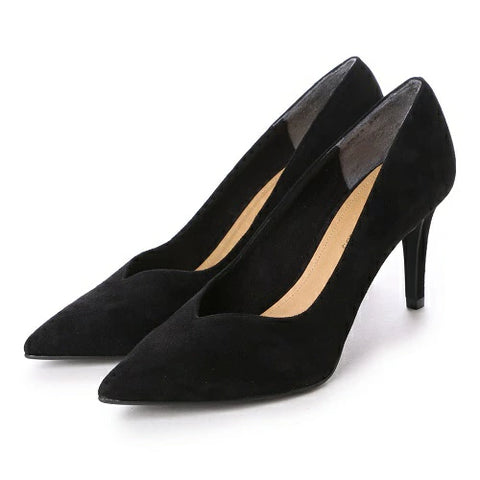 Pair of black high-heeled shoes on a white background