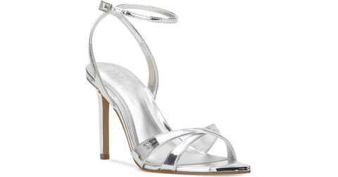 Silver high-heeled sandal on a white background