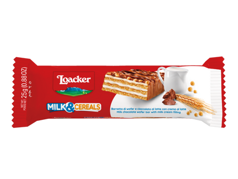 Loacker Milk & Cereals wafer bar packaging on a white background