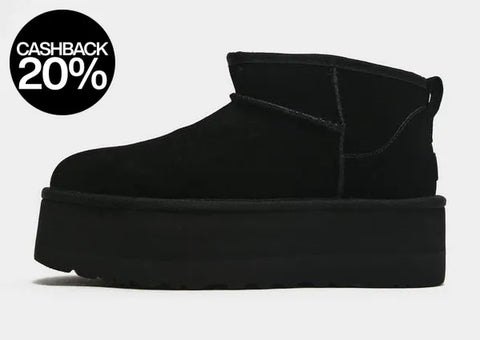 A pair of UGG women's black boots with a high sole.