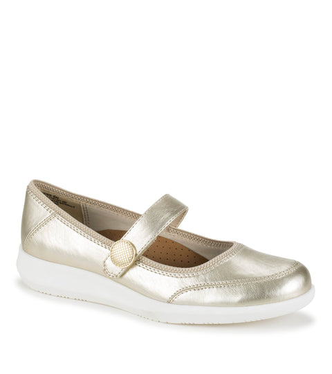 Gold metallic shoe with a white sole on a white background