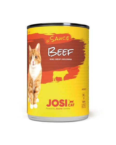 Can of Josi Cat beef in sauce for cats on a white background