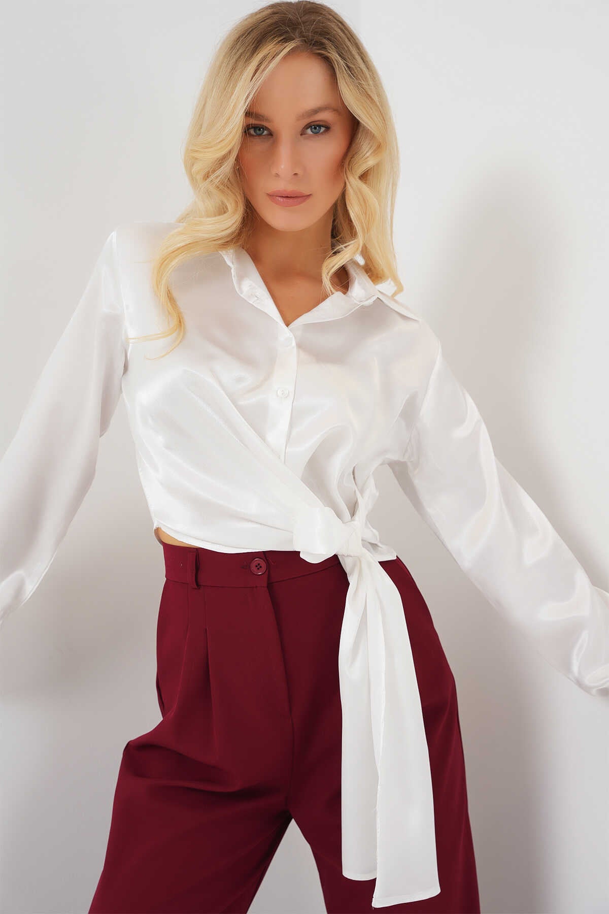 Big Dart Women's White Tied Long Sleeve Satin Shirt| Big Dart In Lebanon