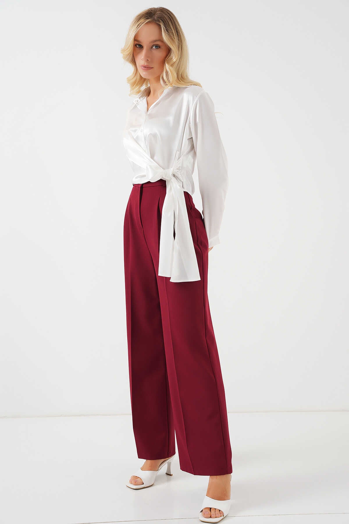 Big Dart Women's White Tied Long Sleeve Satin Shirt| Big Dart In Lebanon