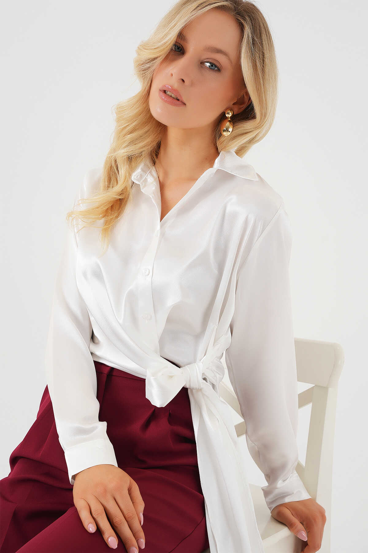 Big Dart Women's White Tied Long Sleeve Satin Shirt| Big Dart In Lebanon