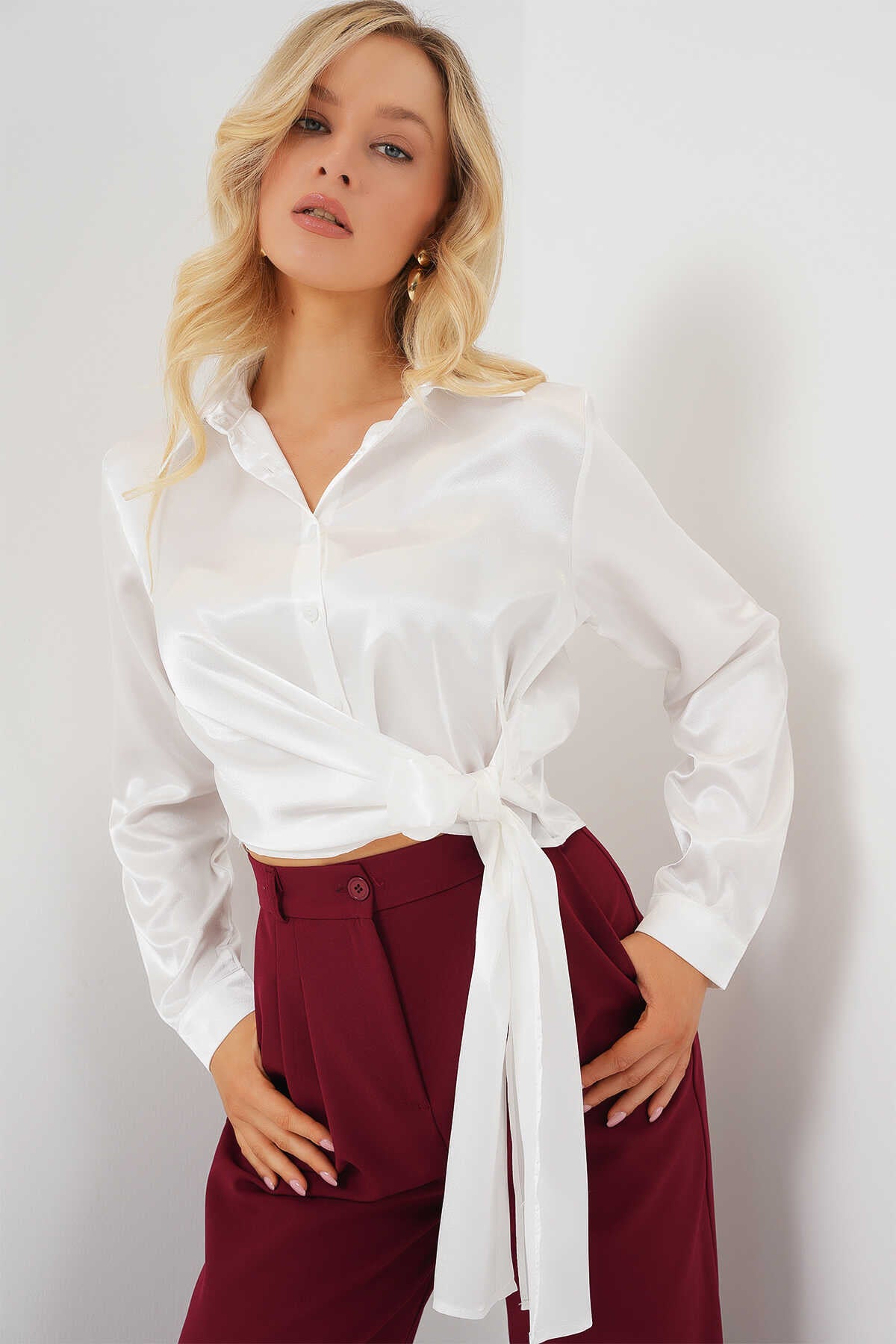 Big Dart Women's White Tied Long Sleeve Satin Shirt| Big Dart In Lebanon
