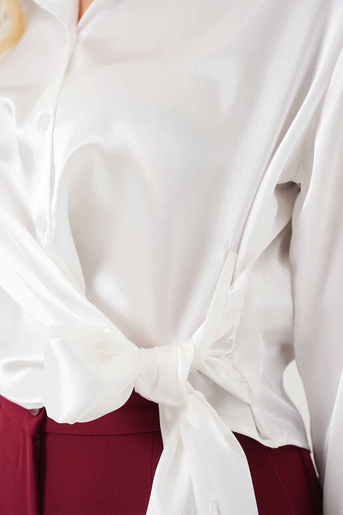 Big Dart Women's White Tied Long Sleeve Satin Shirt| Big Dart In Lebanon