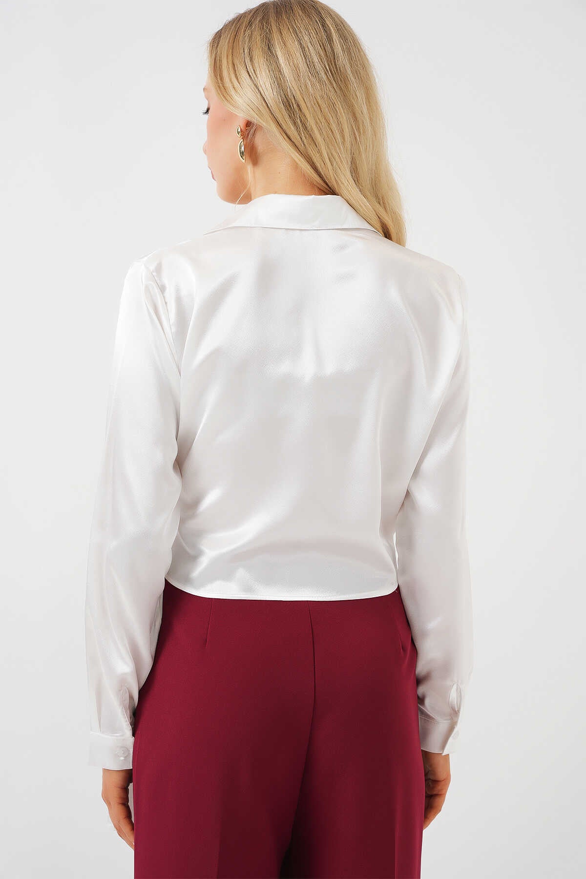 Big Dart Women's White Tied Long Sleeve Satin Shirt| Big Dart In Lebanon