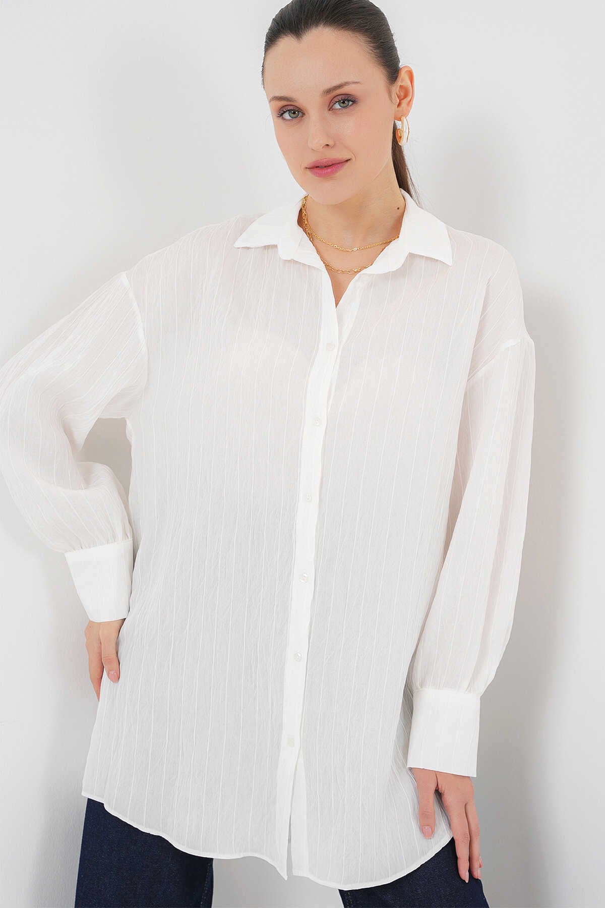 Big Dart Women's White Striped Long Sleeve Shirt | Big Dart In Lebanon