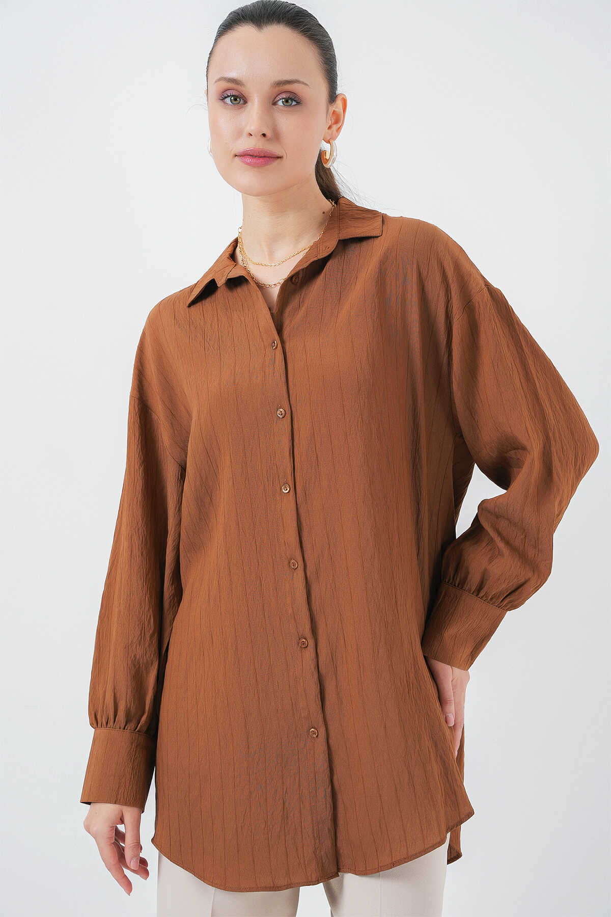 Big Dart Women's Brown Striped Long Shirt |Big Dart In Lebanon