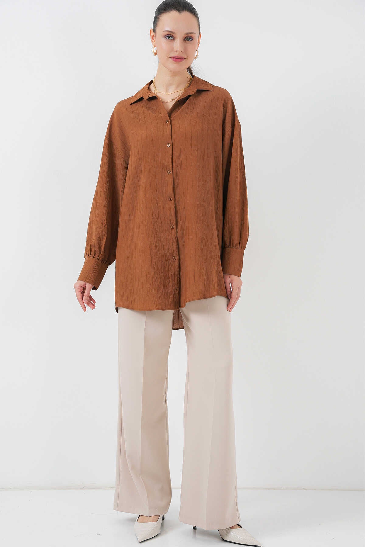 Big Dart Women's Brown Striped Long Shirt |Big Dart In Lebanon