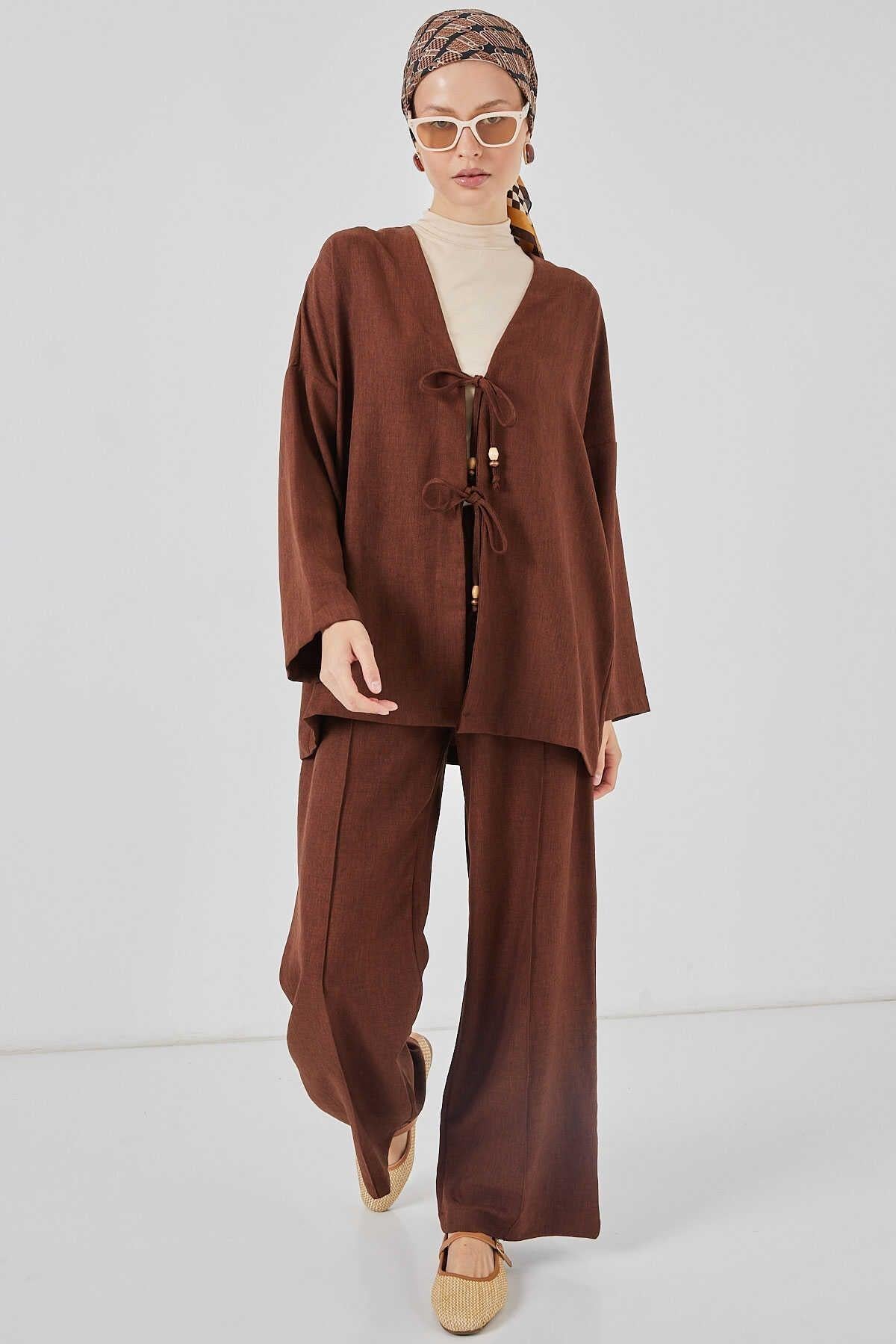 Big Dart Women's Brown Linen Kimono Two-Piece Set | Big Dart In Lebanon