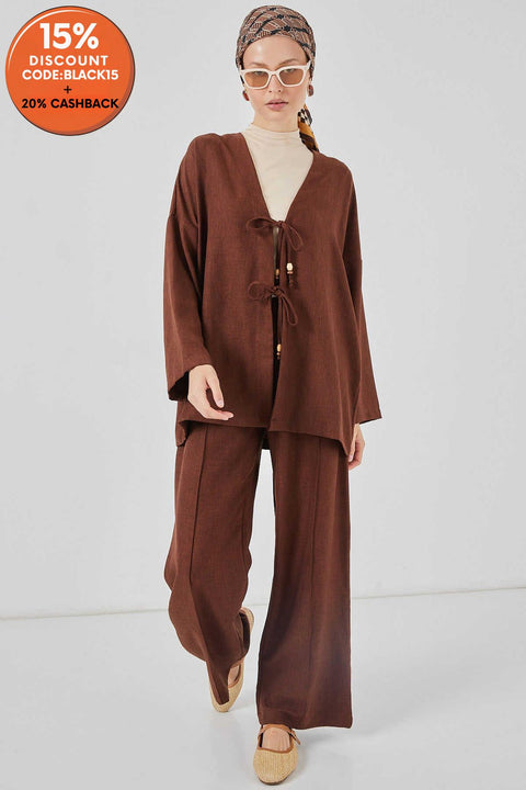 Big Dart Women's Brown Linen Kimono Two-Piece Set | Big Dart In Lebanon