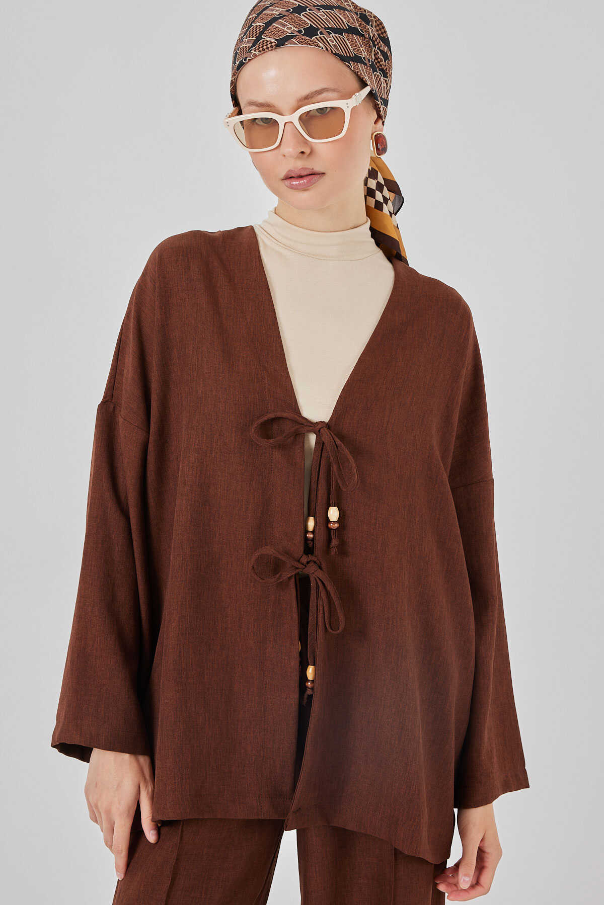 Big Dart Women's Brown Linen Kimono Two-Piece Set | Big Dart In Lebanon