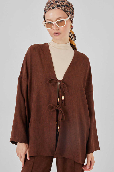 Big Dart Women's Brown Linen Kimono Two-Piece Set | Big Dart In Lebanon