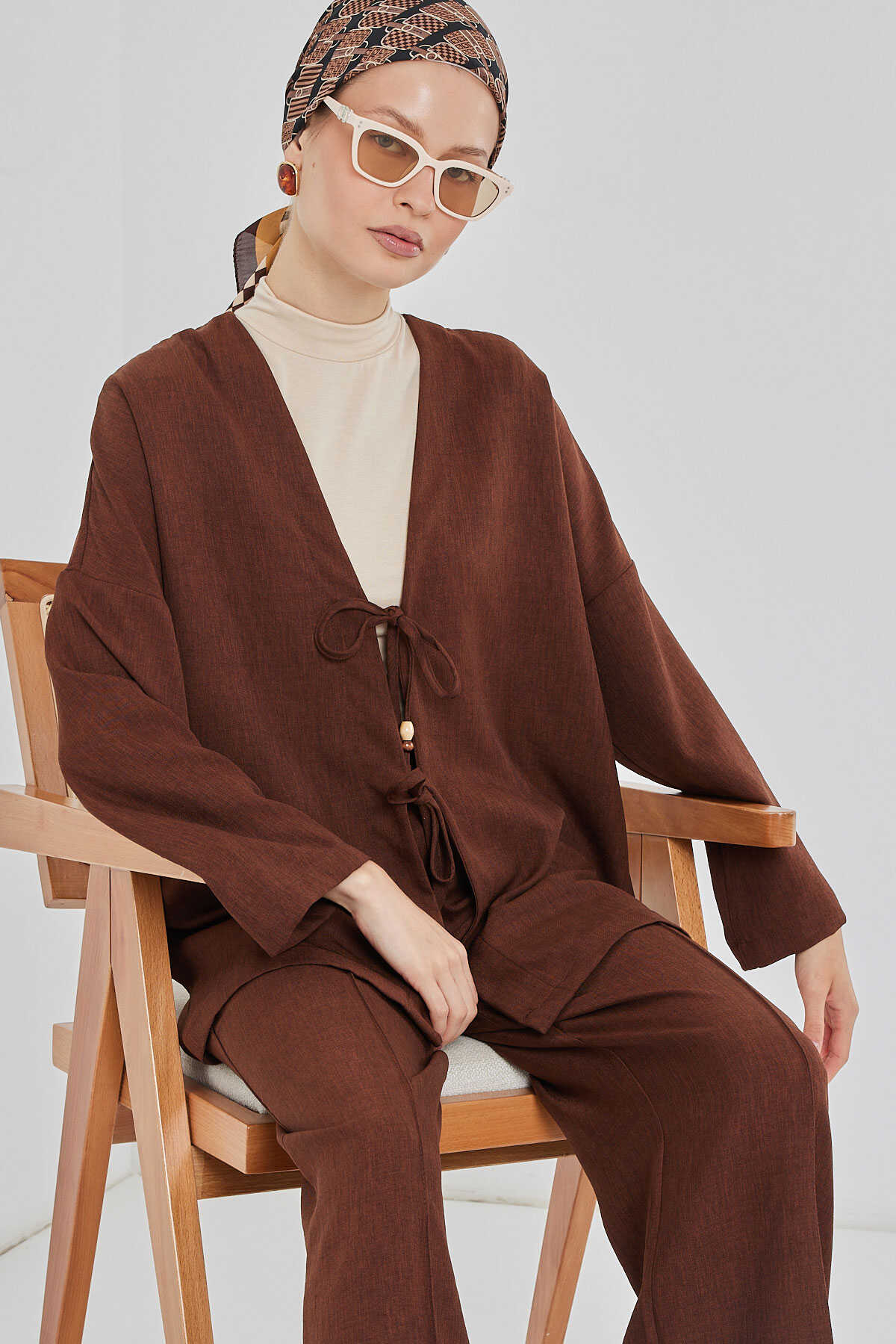 Big Dart Women's Brown Linen Kimono Two-Piece Set | Big Dart In Lebanon