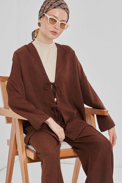 Big Dart Women's Brown Linen Kimono Two-Piece Set | Big Dart In Lebanon