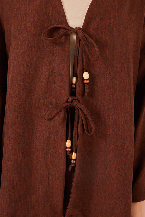 Big Dart Women's Brown Linen Kimono Two-Piece Set | Big Dart In Lebanon