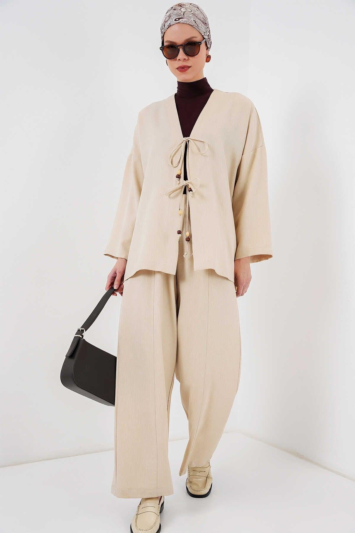 Big Dart Women's Beige Linen Kimono Two-Piece Set | Big Dart In Lebanon