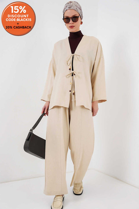 Big Dart Women's Beige Linen Kimono Two-Piece Set | Big Dart In Lebanon