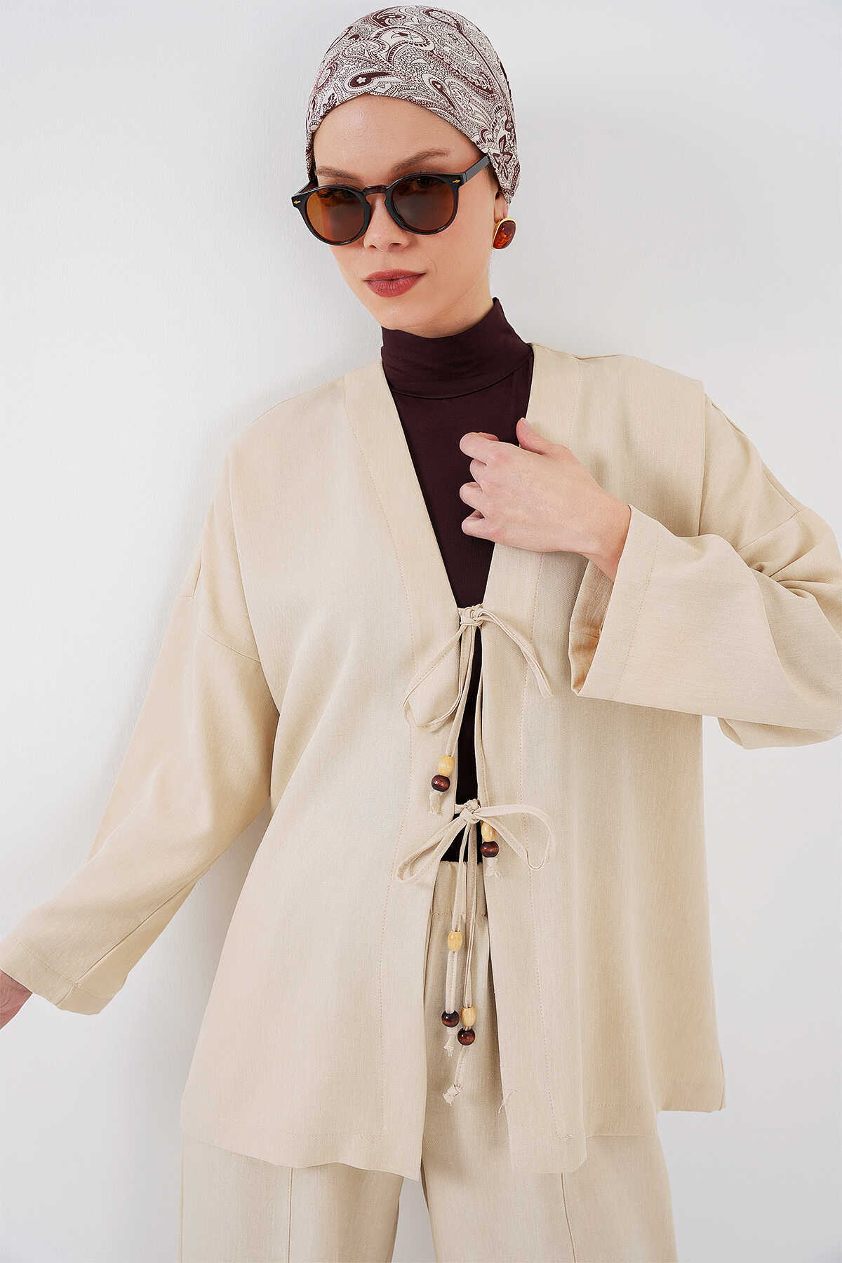 Big Dart Women's Beige Linen Kimono Two-Piece Set | Big Dart In Lebanon