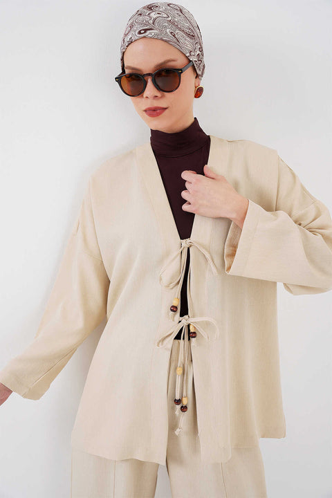 Big Dart Women's Beige Linen Kimono Two-Piece Set | Big Dart In Lebanon