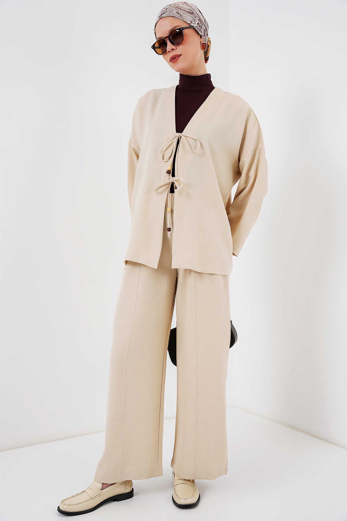 Big Dart Women's Beige Linen Kimono Two-Piece Set | Big Dart In Lebanon