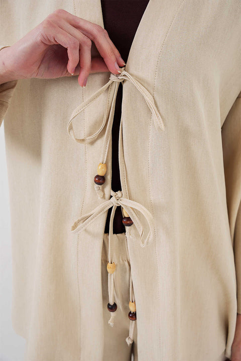 Big Dart Women's Beige Linen Kimono Two-Piece Set | Big Dart In Lebanon