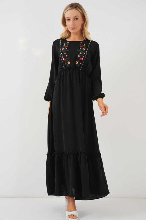 Big Dart Women's Black Long Sleeve Embroidered Long Hijab Dress | Big Dart In Lebanon