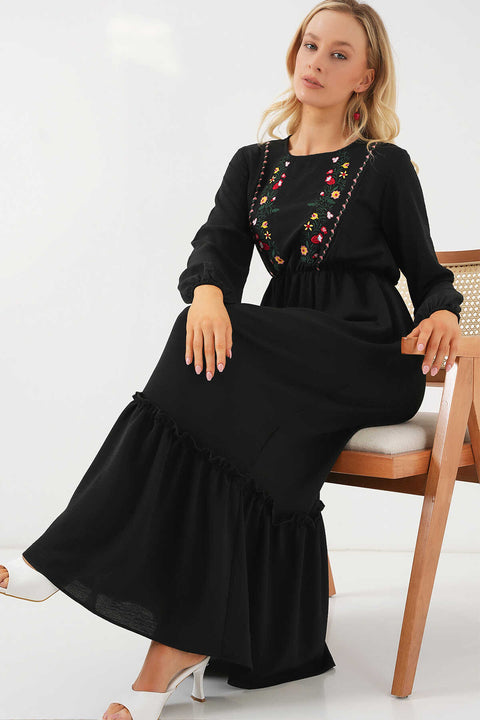 Big Dart Women's Black Long Sleeve Embroidered Long Hijab Dress | Big Dart In Lebanon