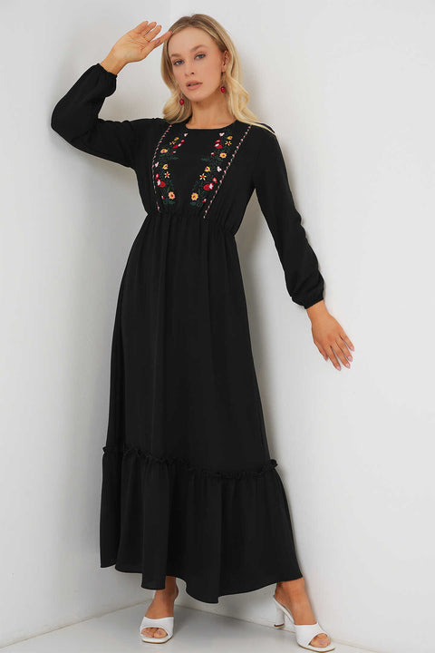 Big Dart Women's Black Long Sleeve Embroidered Long Hijab Dress | Big Dart In Lebanon